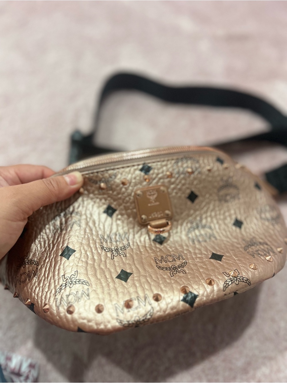 MCM (FURSTEN) Metallic Rose Gold Visetos Crossbody Belt Bag